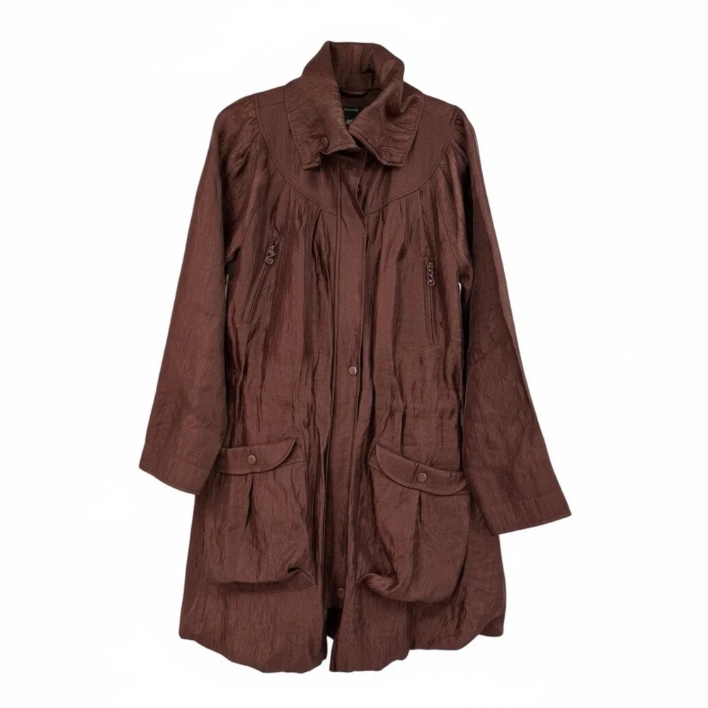 Samuel Dong Brown Shimmer Bubble Hem High Collar Small Dark Brown Outerwear Coat - Picture 3 of 17